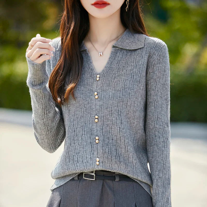 Spring Autumn Women Fine Merino Wool Sweater Polo V-neck Warm Pullover Hollow Pattern Fake Cardigan Knitwear Bottoming Tops
