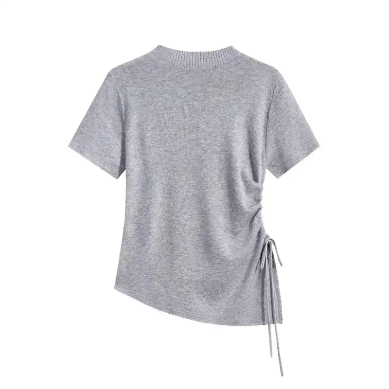 Women's Clothing Lace-Up T-shirt Summer New Slimming Knit Short Sleeve Casual Tees Lady Basic Fashion Waist-cinching O-neck Tops