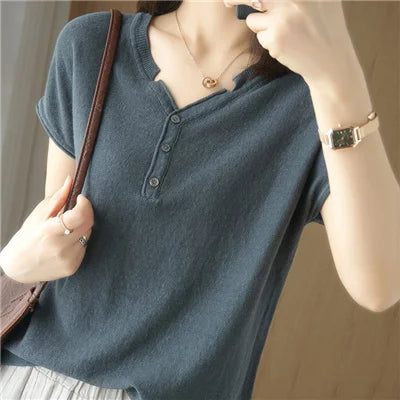 Summer 100% pure cotton women's T-shirt V-neck knitted short sleeved loose Tees solid color pullover button Tops basic versatile