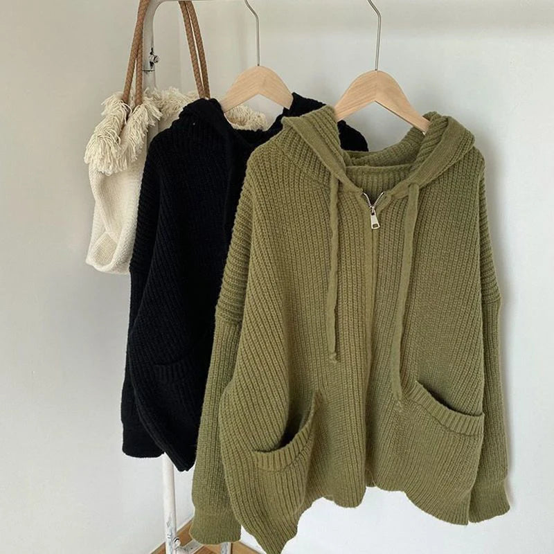 Knitted Sweater Women Cardigan Autumn Winter Thicken Warm Loose Oversized Sweater Coat Female Vintage Hooded Pocket Zip Knitwear
