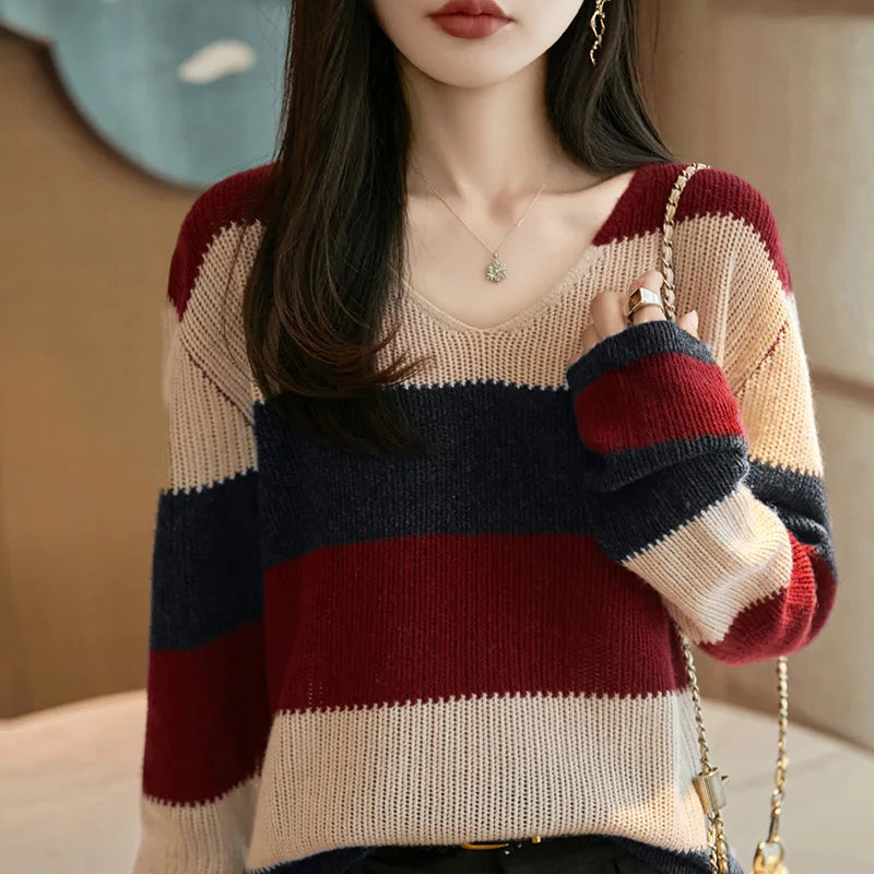 Women's Knitted V-Neck Pullover Color-Block Sweater Long-Sleeved Fashionable Comfortable Top for Autumn Winter NSY068