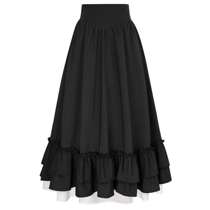 Casual Dual Layer Skirt Button Renaissance Costume Women Back Double Ruffle Long Shirring Skirt Waist Elastic Band Maxi Length