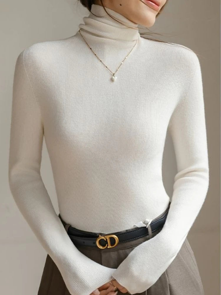 AOSSVIAO 2025  Pullovers Women's Turtleneck Sweater Autumn Winter Korean Slim Long Sleeve Solid Simple Basic Knit Thick Warm Top