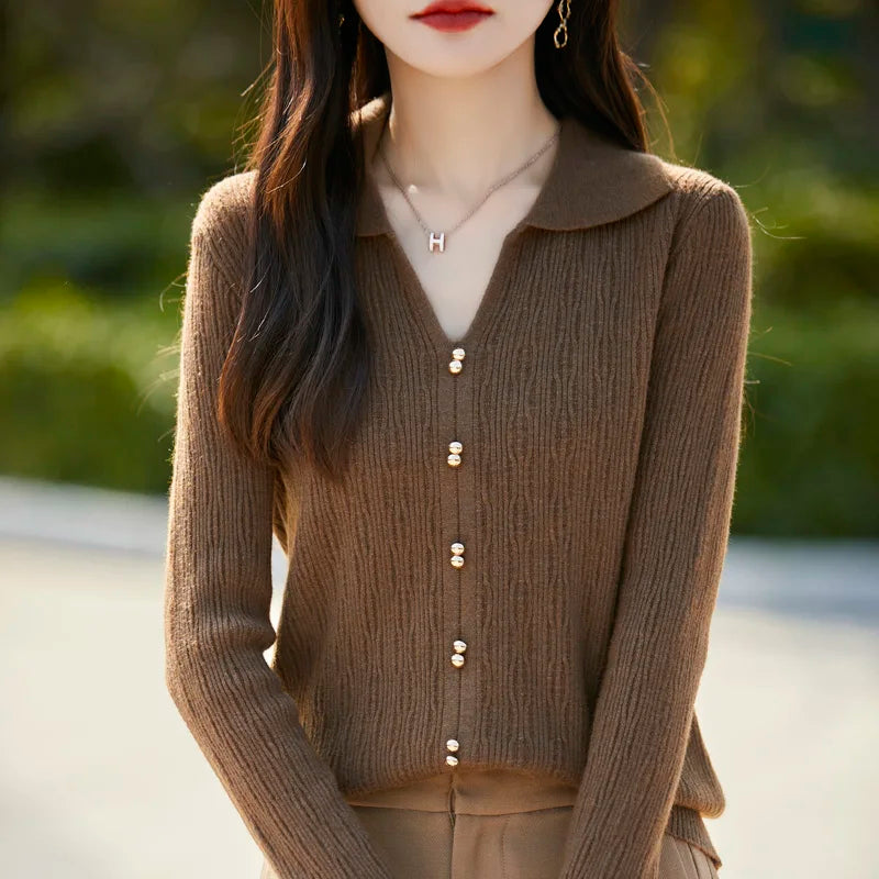 Spring Autumn Women Fine Merino Wool Sweater Polo V-neck Warm Pullover Hollow Pattern Fake Cardigan Knitwear Bottoming Tops