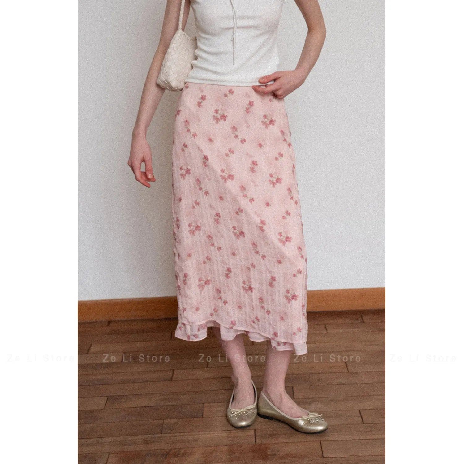 High Waist Floral Print Half Skirt Women's Summer 2026 Pleated A-Line Midi Skirt Polyester Fabric Casual Style Business Travel