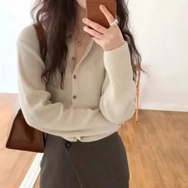 Fashion cashmere knitted cardigan women's sweater Spring and autumn Korean version of gray blouse loose short wool coat