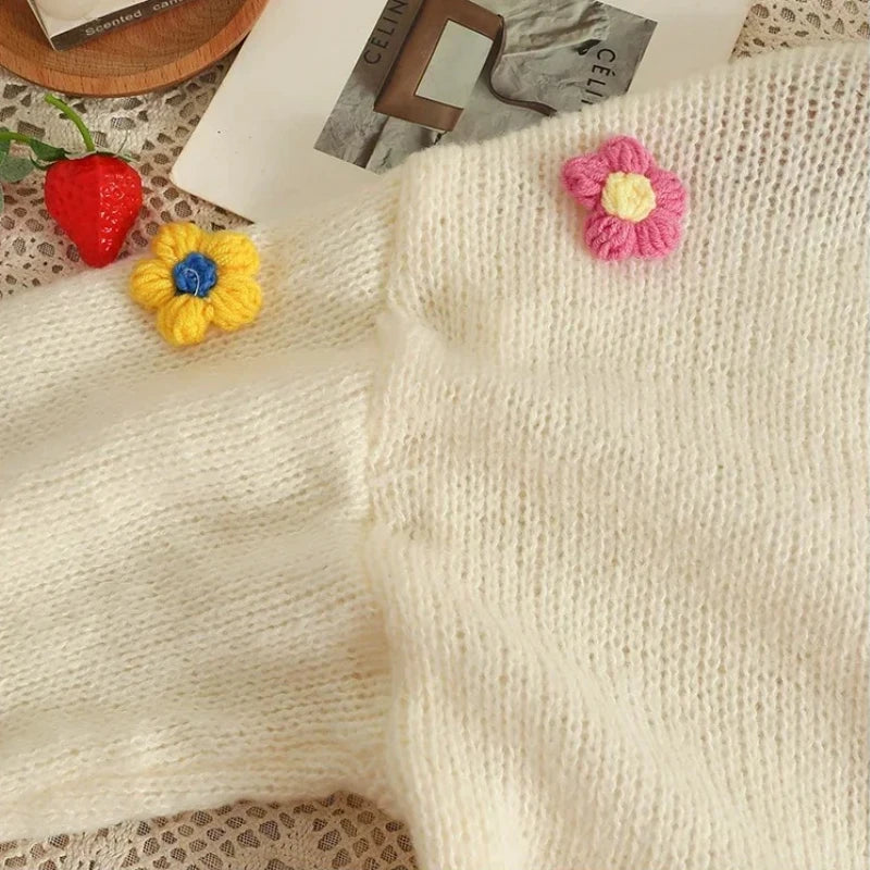 2025 New Autumn Winter Colourful Applique Flower Cardigan for Women Cute Long  V-neck Knit Crop Sweater Girl Soft Knitwear