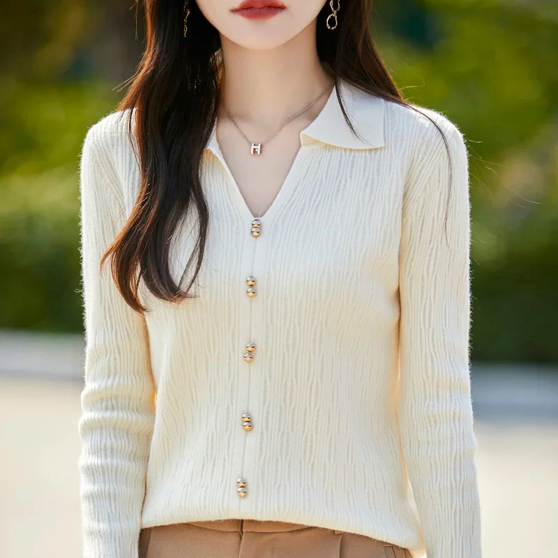 Spring Autumn Women Fine Merino Wool Sweater Polo V-neck Warm Pullover Hollow Pattern Fake Cardigan Knitwear Bottoming Tops