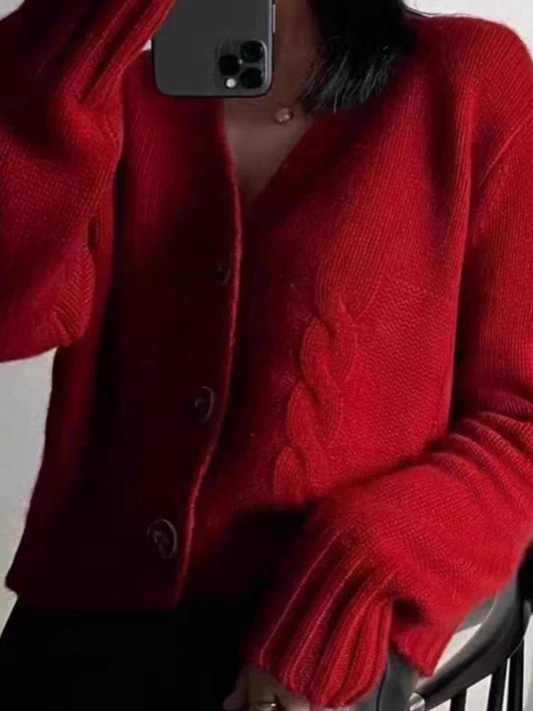 V-neck Long Sleeve Women Knitted Cardigan Sweater Fashion Loose Winter Autumn Coat Casual Solid Color Short Top Elegant Knitwear