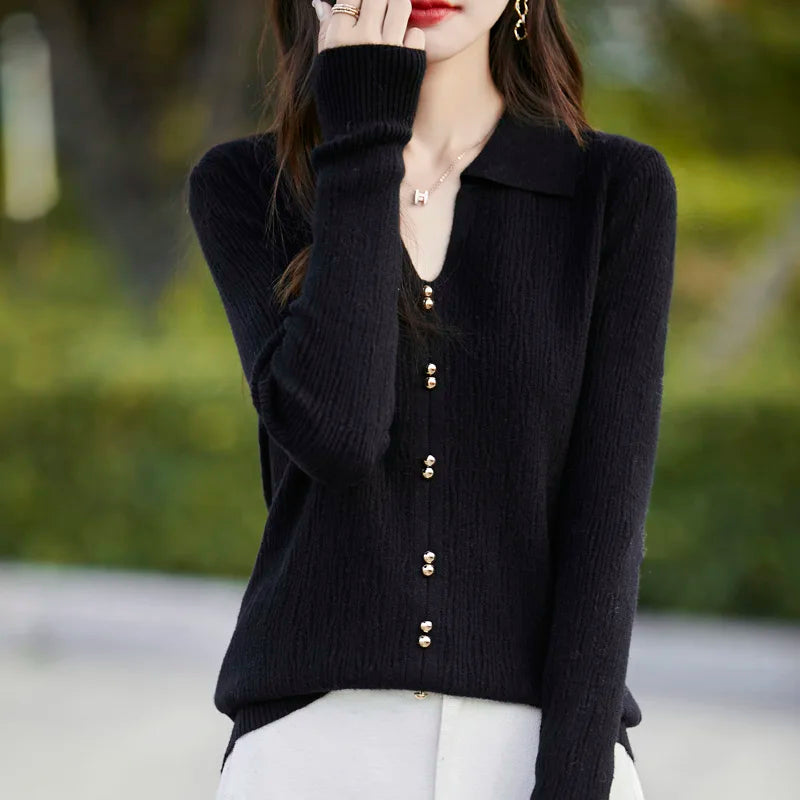 Spring Autumn Women Fine Merino Wool Sweater Polo V-neck Warm Pullover Hollow Pattern Fake Cardigan Knitwear Bottoming Tops