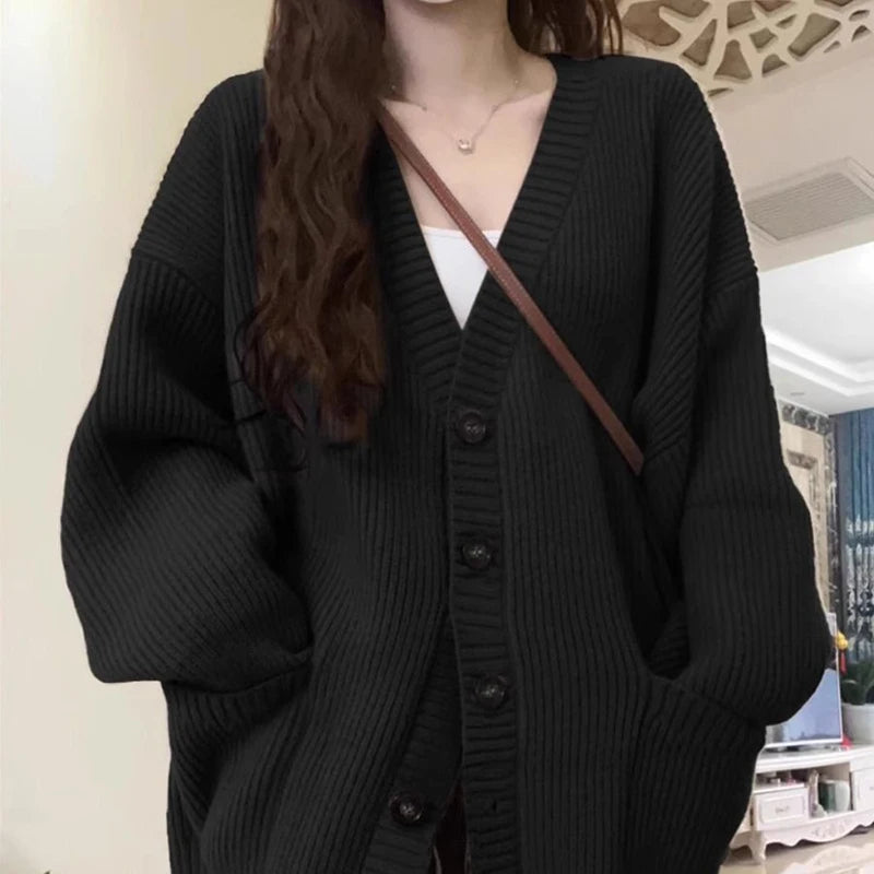 Japanese Sweet Knitted Cardigan Women Fall Winter Lazy Wind Loose Casual Sweaters V Neck Solid Student Fashion Elegant New Coats