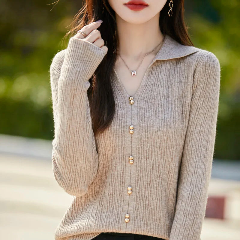 Spring Autumn Women Fine Merino Wool Sweater Polo V-neck Warm Pullover Hollow Pattern Fake Cardigan Knitwear Bottoming Tops