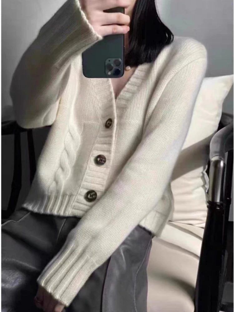 V-neck Long Sleeve Women Knitted Cardigan Sweater Fashion Loose Winter Autumn Coat Casual Solid Color Short Top Elegant Knitwear
