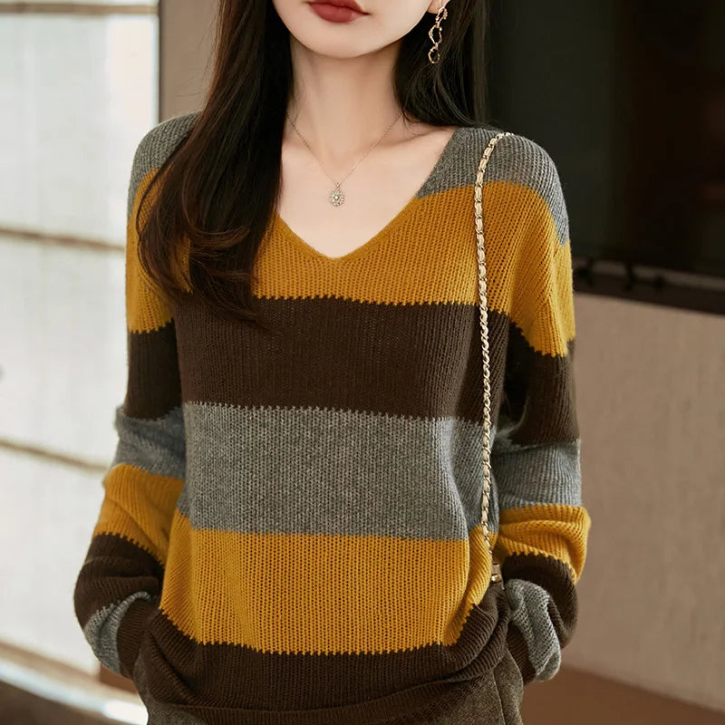 Women's Knitted V-Neck Pullover Color-Block Sweater Long-Sleeved Fashionable Comfortable Top for Autumn Winter NSY068