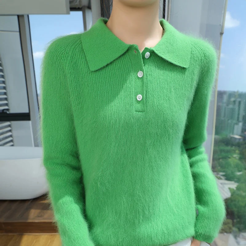 100% Mink Cashmere Women's Pullover Polo Collar Buttoned Sweater Autumn Winter Long Sleeve Knitwear Soft Warm Chic Clothings