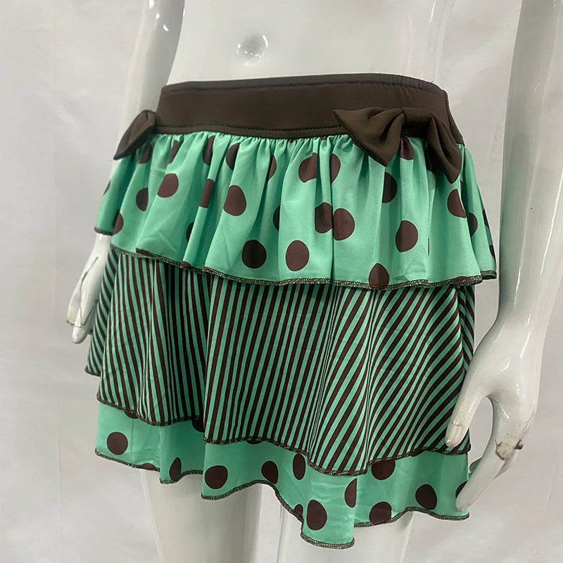 Polka Dot Cake Skirt Creative Bow Casual Fashion Short A-line Skirt 2026 Aesthetic Contrast Stitching Vintage Street Spice Skirt