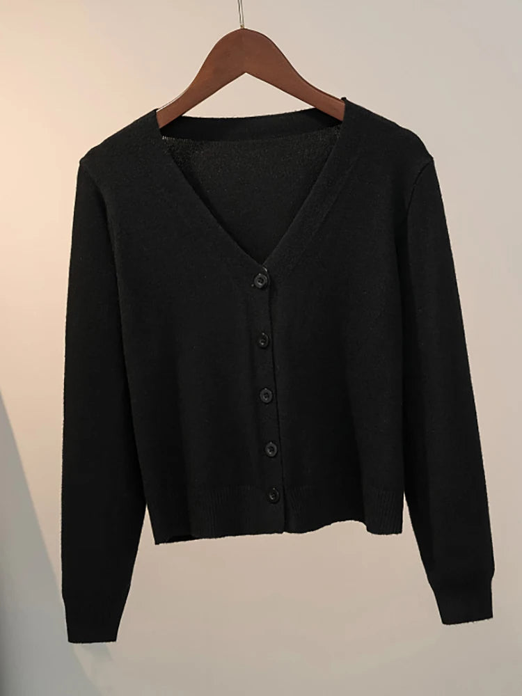 Sweater Knitted Cardigan Button Jacket 2025 Autumn Winter V-neck Long Sleeve Casual Short Tops For Women Sweater Grey White