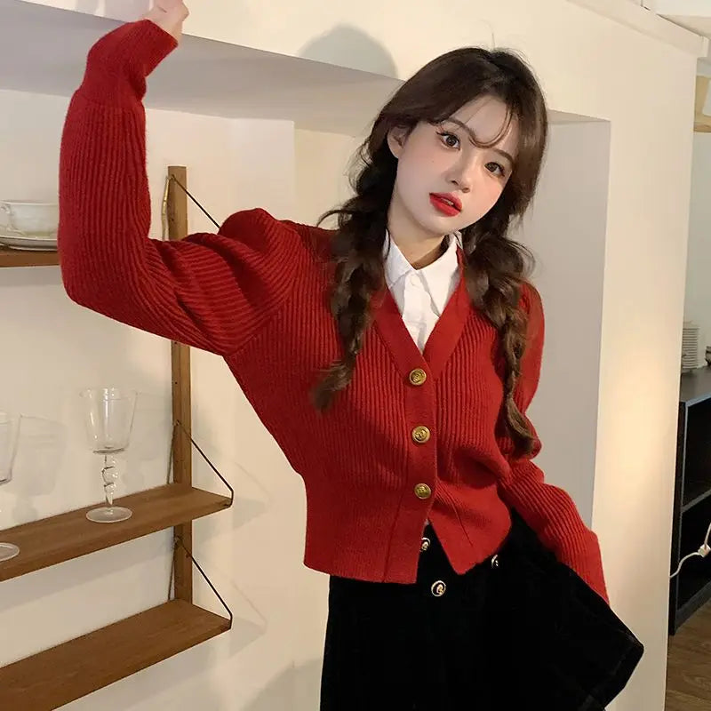 Autumn and Winter Woman's Clothes Red Sweater Korean Vintage Retro V-neck Puff Sleeve Waist Niche Fashion Trend All-match Lively