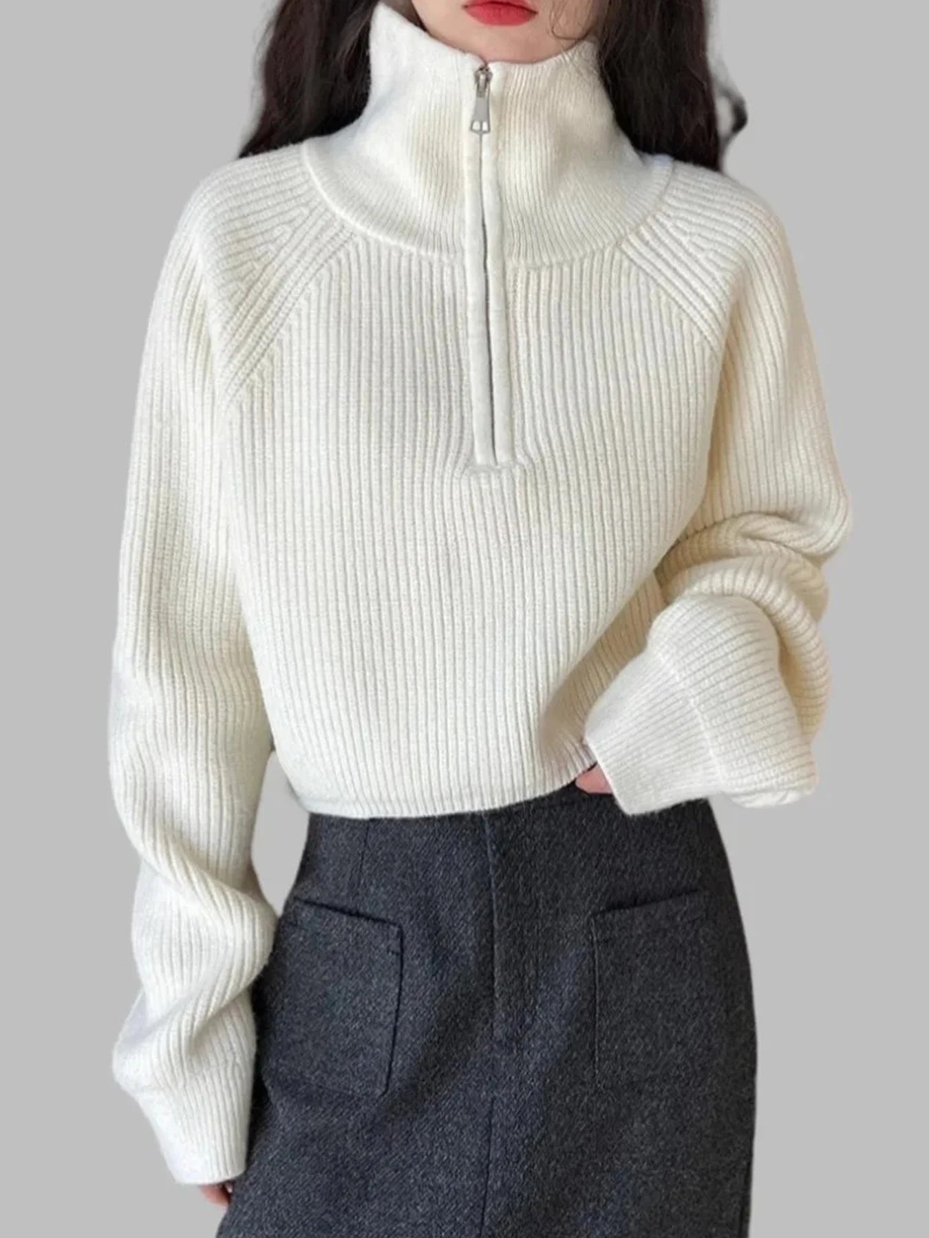 AOSSVIAO Women's Loose Knitted Pullovers Half Zipper Autumn and Winter Turtleneck Sweaters Casual Comfortable Full Sleeve Top