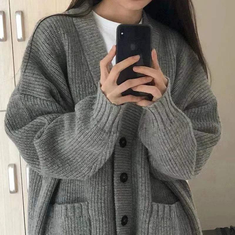 Japanese Sweet Knitted Cardigan Women Fall Winter Lazy Wind Loose Casual Sweaters V Neck Solid Student Fashion Elegant New Coats