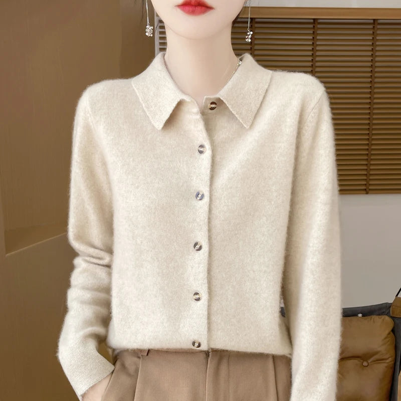 2024 Women's Sweater 100% Merino Wool POLO Collar Cardigan Knitted Warm Coat Autumn/Winter Loose Warm Soft Cashmere Sweater DMR