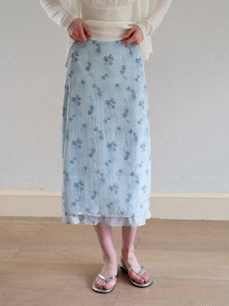 High Waist Floral Print Half Skirt Women's Summer 2026 Pleated A-Line Midi Skirt Polyester Fabric Casual Style Business Travel