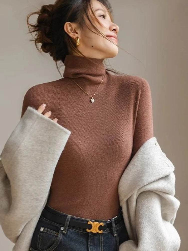 AOSSVIAO 2025  Pullovers Women's Turtleneck Sweater Autumn Winter Korean Slim Long Sleeve Solid Simple Basic Knit Thick Warm Top
