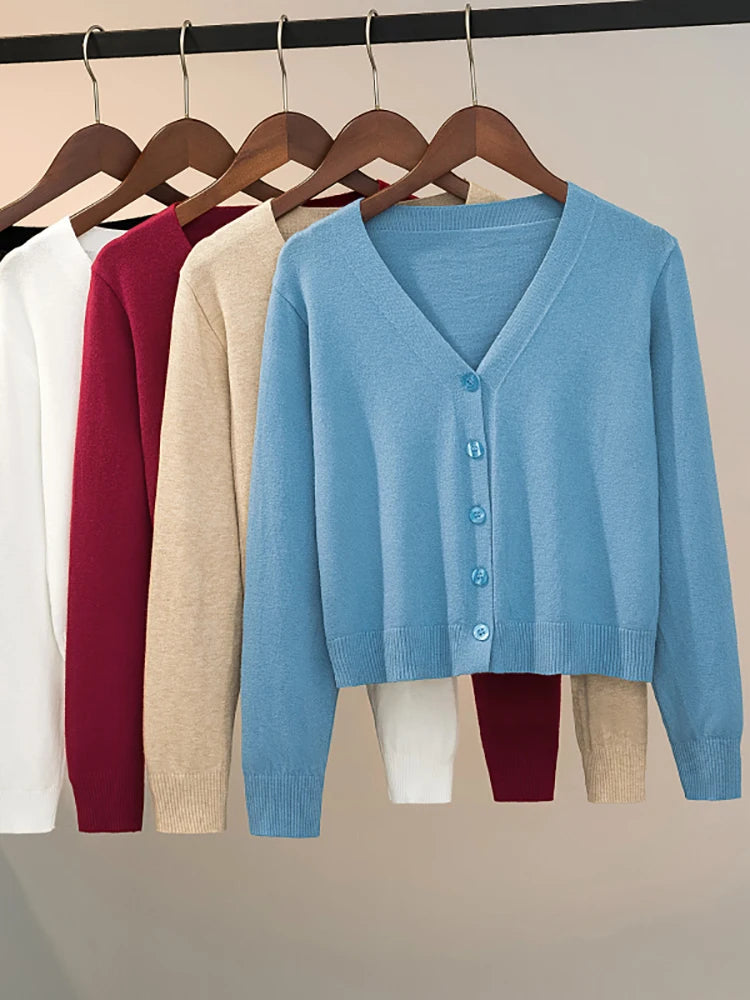 Sweater Knitted Cardigan Button Jacket 2025 Autumn Winter V-neck Long Sleeve Casual Short Tops For Women Sweater Grey White