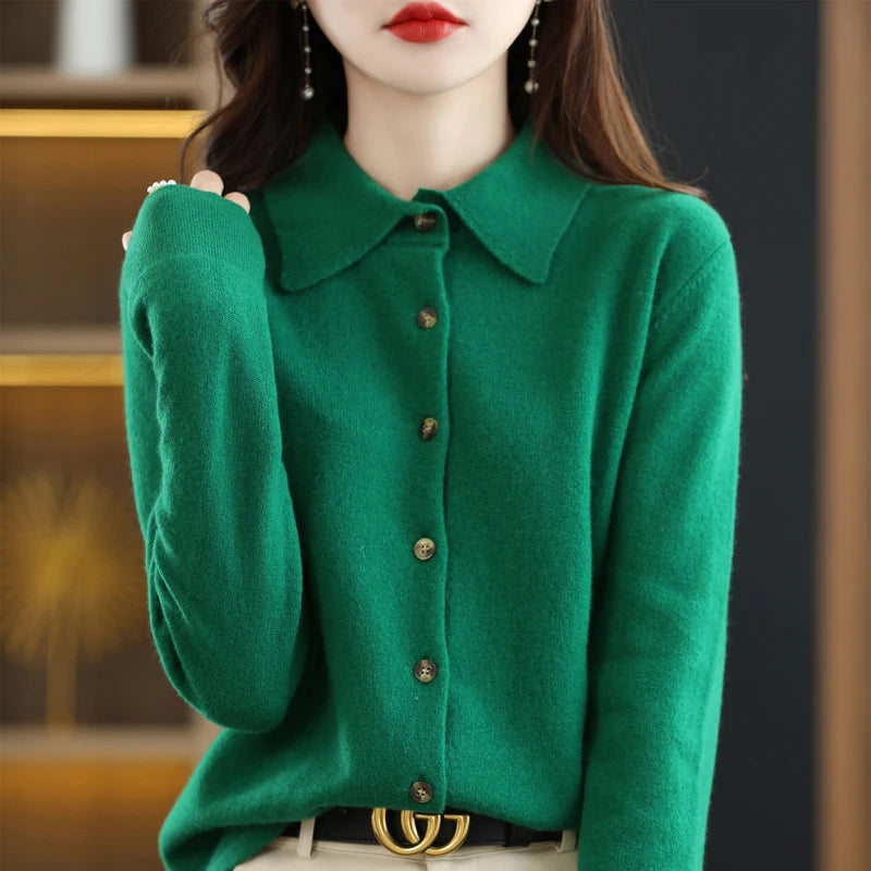 2024 Women's Sweater 100% Merino Wool POLO Collar Cardigan Knitted Warm Coat Autumn/Winter Loose Warm Soft Cashmere Sweater DMR
