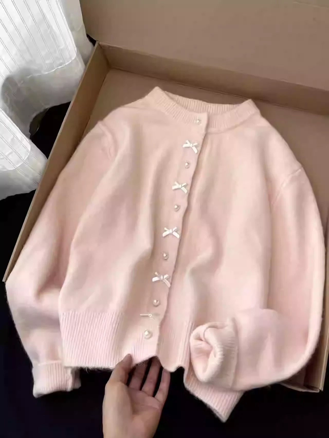 Women's Sweater Gentle Style Long Sleeve Pearl Button Top Spring Autumn New O-Neck Sweet Bow Yellow Knitted Cardigan Coat