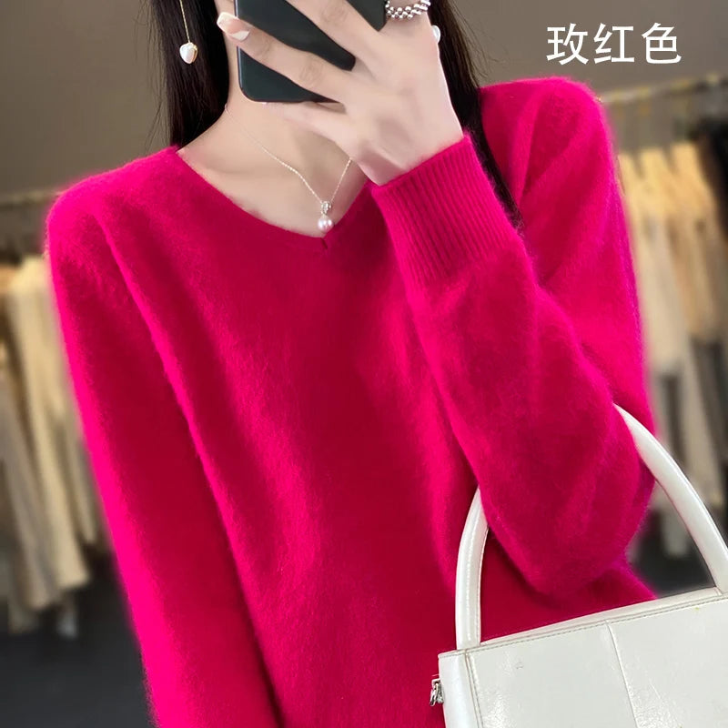 100% Pure Mink Cashmere V-neck Sweater For Women Autumn-Winter Warm Thick Solid Sweater For Women Soft Pullover Jacket DBE024