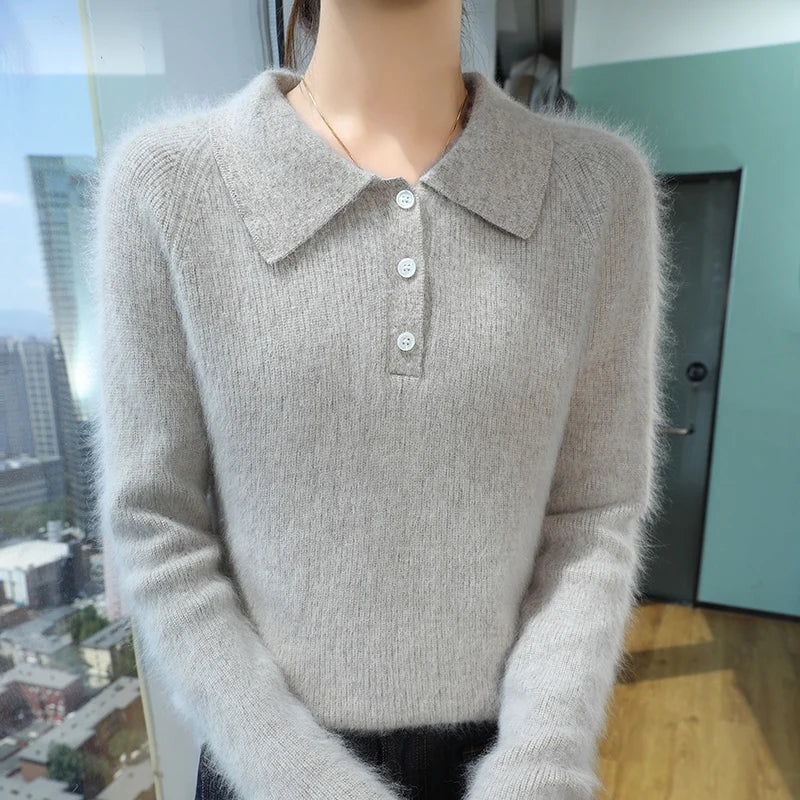 100% Mink Cashmere Women's Pullover Polo Collar Buttoned Sweater Autumn Winter Long Sleeve Knitwear Soft Warm Chic Clothings