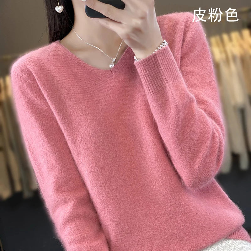 100% Pure Mink Cashmere V-neck Sweater For Women Autumn-Winter Warm Thick Solid Sweater For Women Soft Pullover Jacket DBE024