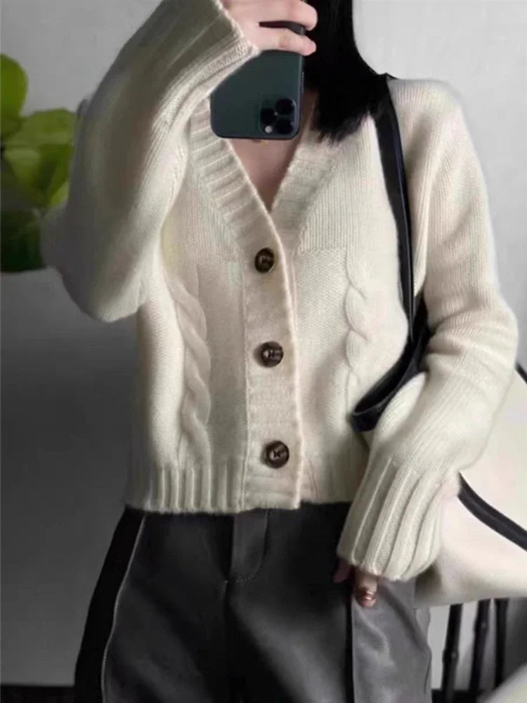 V-neck Long Sleeve Women Knitted Cardigan Sweater Fashion Loose Winter Autumn Coat Casual Solid Color Short Top Elegant Knitwear
