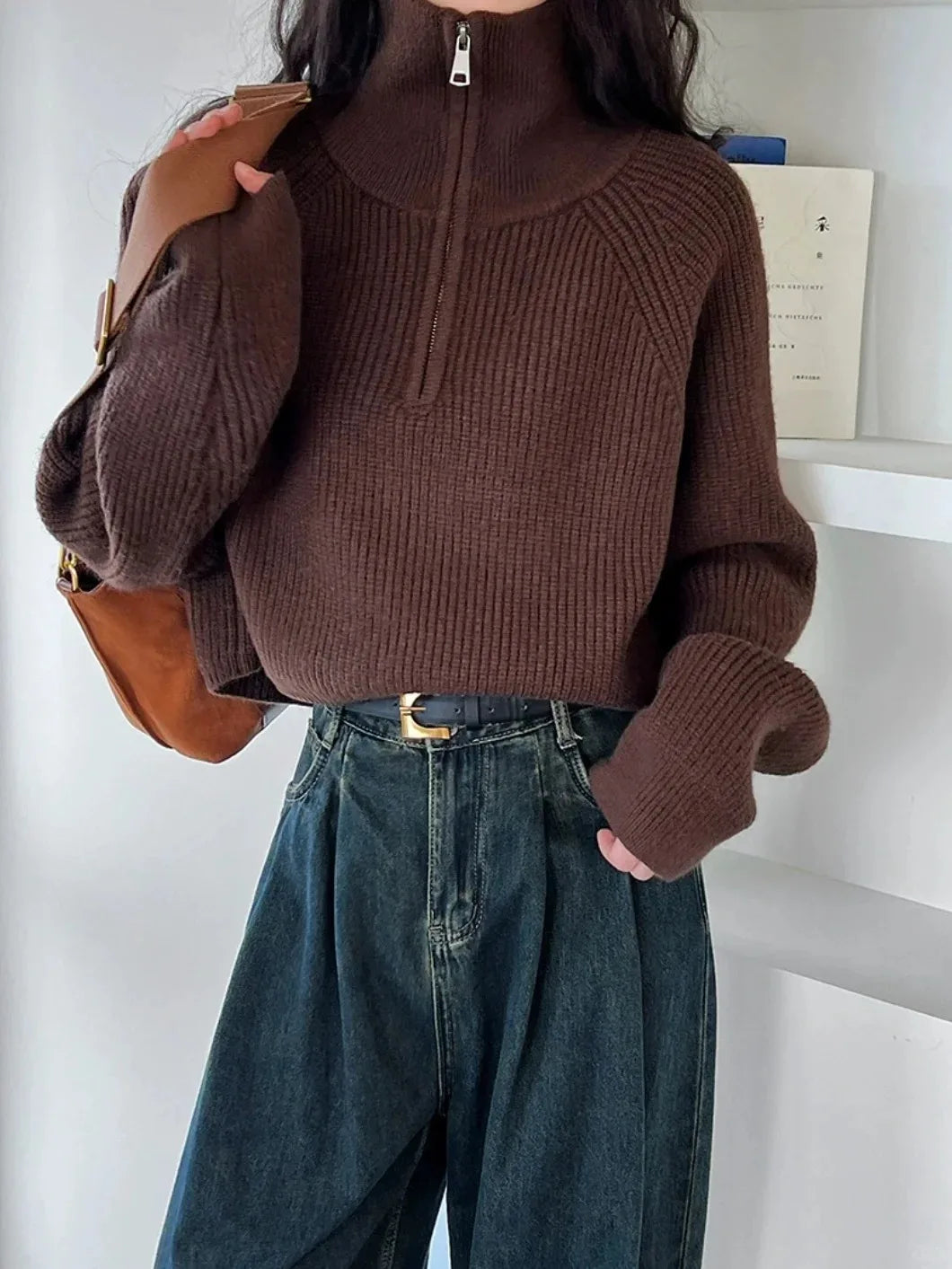 AOSSVIAO Women's Loose Knitted Pullovers Half Zipper Autumn and Winter Turtleneck Sweaters Casual Comfortable Full Sleeve Top