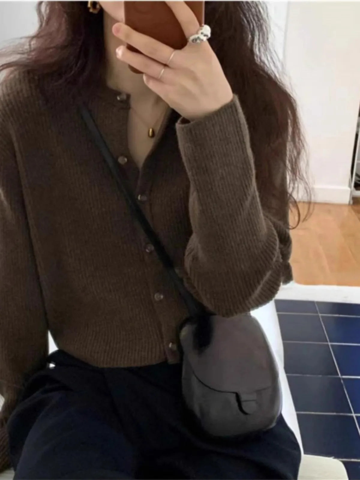 Fashion cashmere knitted cardigan women's sweater Spring and autumn Korean version of gray blouse loose short wool coat