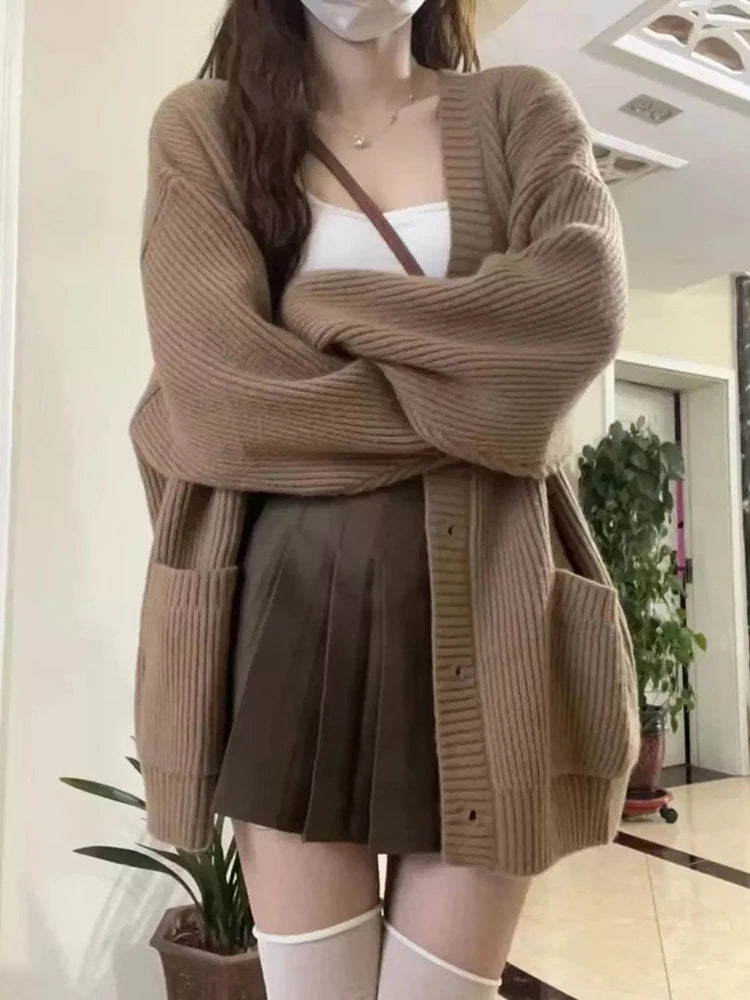 Japanese Sweet Knitted Cardigan Women Fall Winter Lazy Wind Loose Casual Sweaters V Neck Solid Student Fashion Elegant New Coats