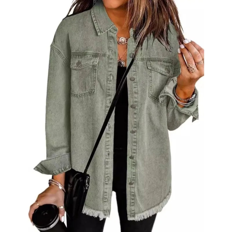 Women Fashion Denim Shirt Full Length Jacket Single Breasted Outerwear Washing High Street Cardigan Pocket Loose Coat Streetwear