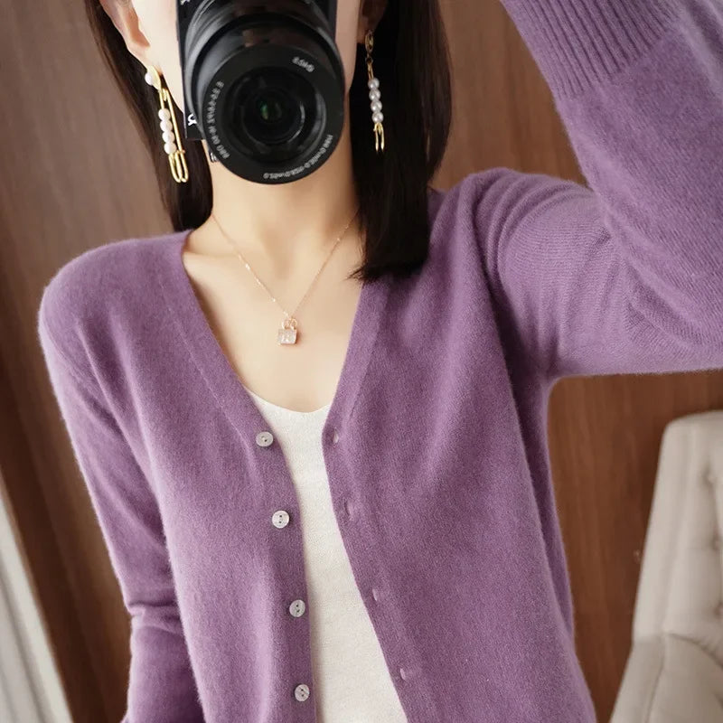 Spring Autumn Women Cardigans Single Breasted V-neck Solid Knitted Sweater Slim Female White Cardigans Casual Outerwear