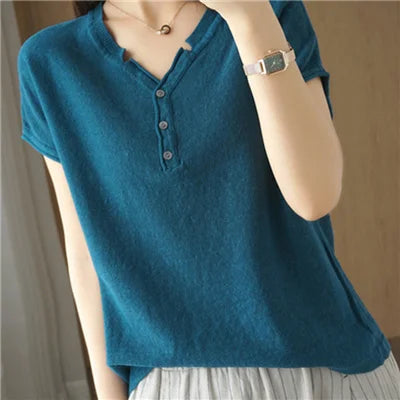 Summer 100% pure cotton women's T-shirt V-neck knitted short sleeved loose Tees solid color pullover button Tops basic versatile