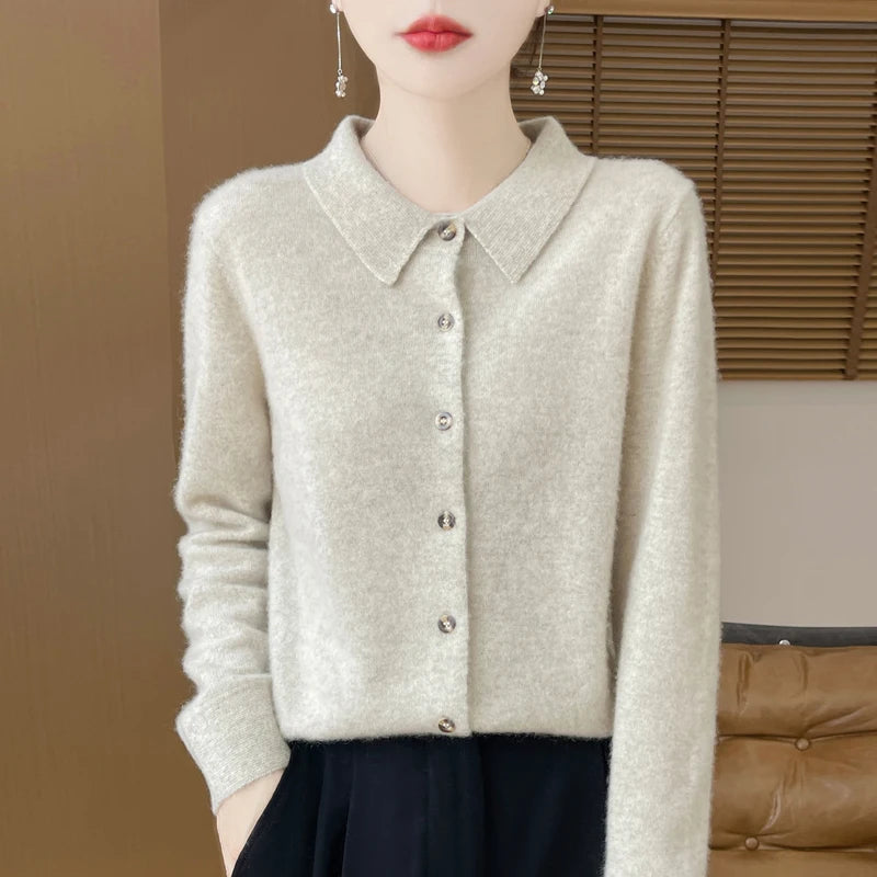 2024 Women's Sweater 100% Merino Wool POLO Collar Cardigan Knitted Warm Coat Autumn/Winter Loose Warm Soft Cashmere Sweater DMR