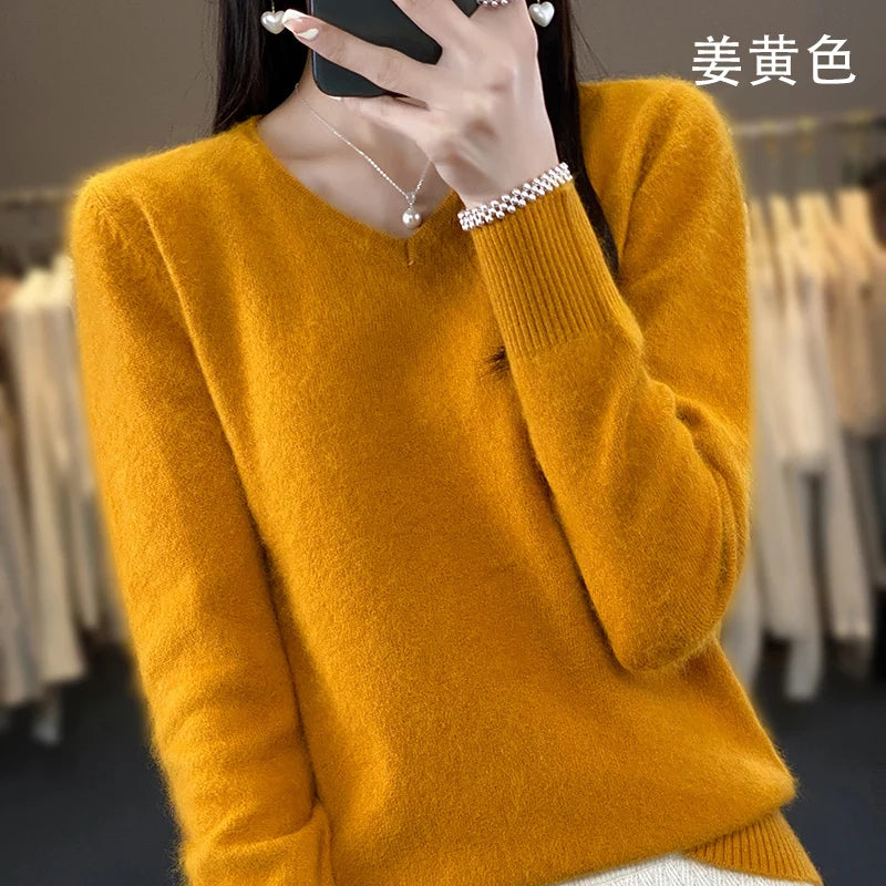 100% Pure Mink Cashmere V-neck Sweater For Women Autumn-Winter Warm Thick Solid Sweater For Women Soft Pullover Jacket DBE024