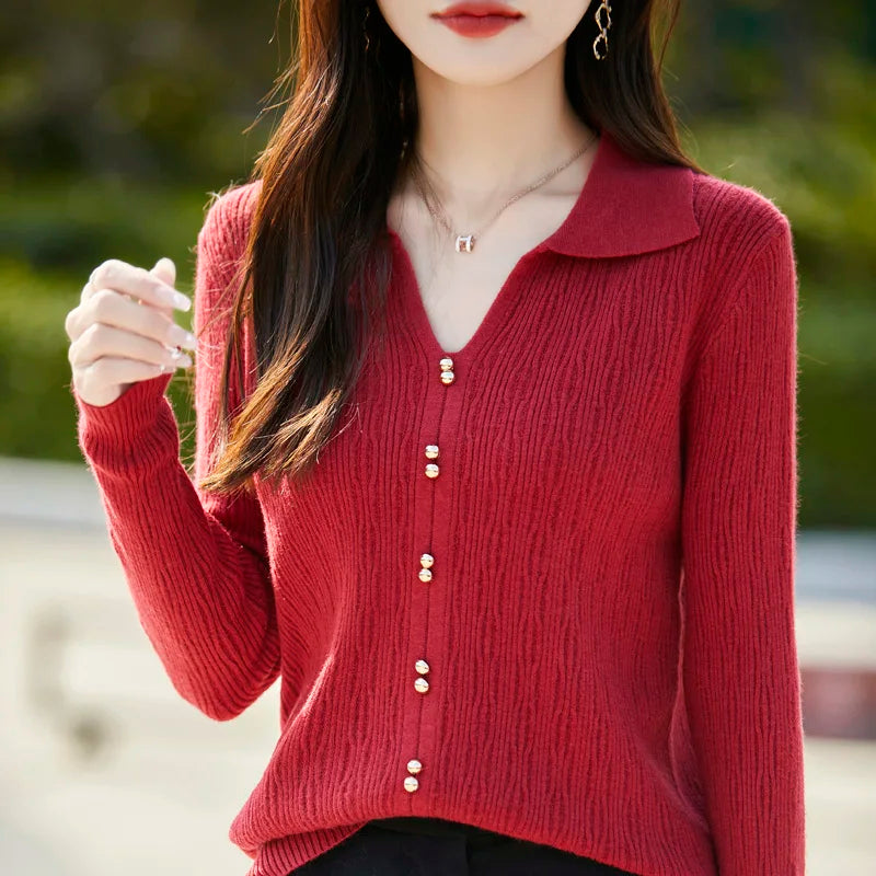 Spring Autumn Women Fine Merino Wool Sweater Polo V-neck Warm Pullover Hollow Pattern Fake Cardigan Knitwear Bottoming Tops