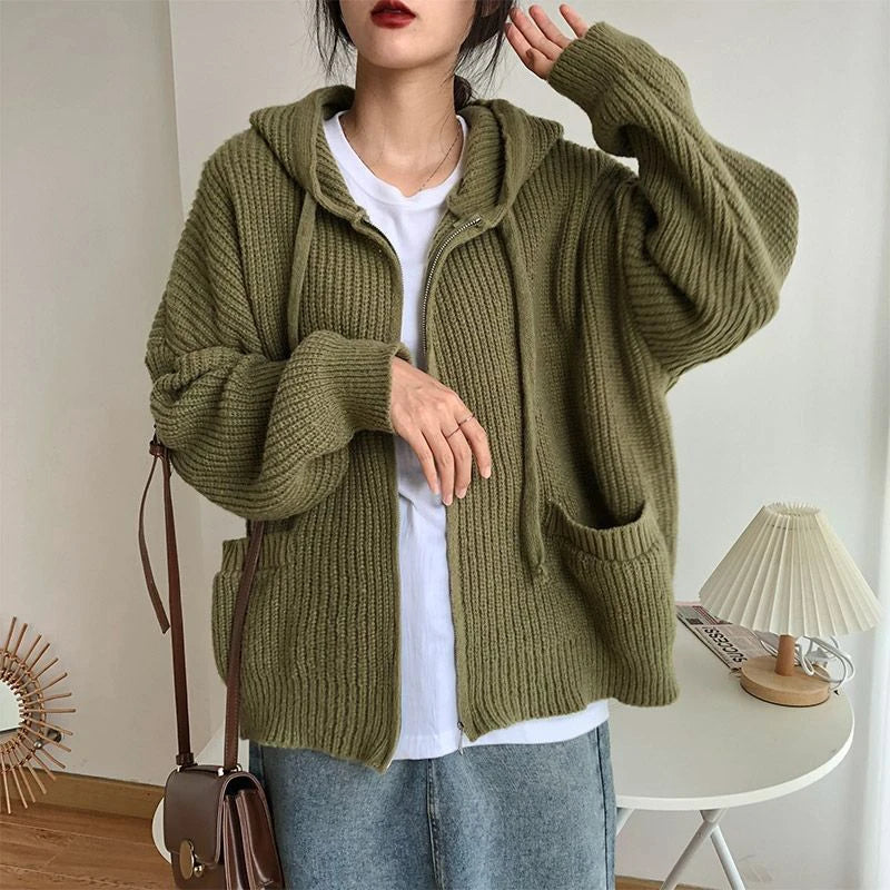 Knitted Sweater Women Cardigan Autumn Winter Thicken Warm Loose Oversized Sweater Coat Female Vintage Hooded Pocket Zip Knitwear