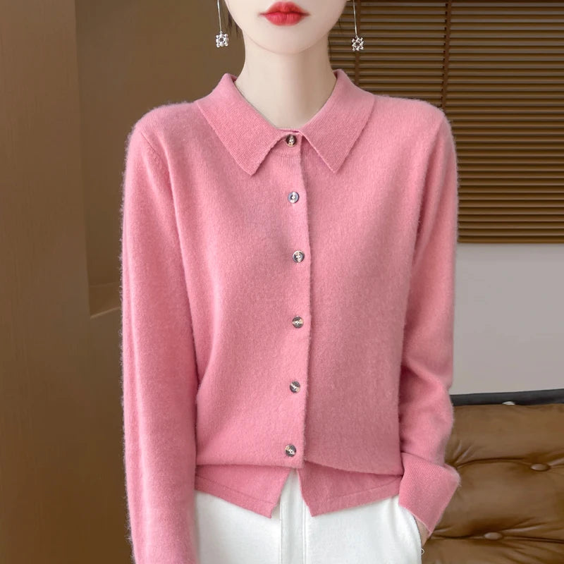 2024 Women's Sweater 100% Merino Wool POLO Collar Cardigan Knitted Warm Coat Autumn/Winter Loose Warm Soft Cashmere Sweater DMR