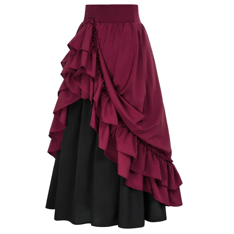 Casual Dual Layer Skirt Button Renaissance Costume Women Back Double Ruffle Long Shirring Skirt Waist Elastic Band Maxi Length