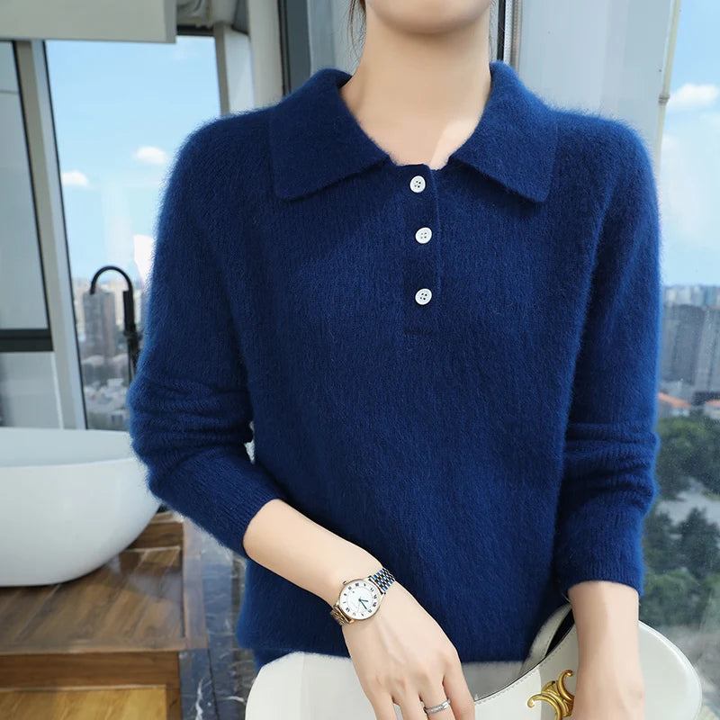 100% Mink Cashmere Women's Pullover Polo Collar Buttoned Sweater Autumn Winter Long Sleeve Knitwear Soft Warm Chic Clothings