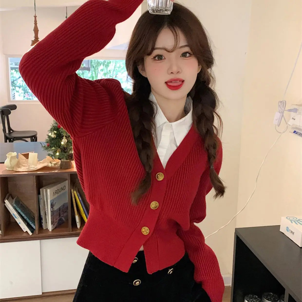 Autumn and Winter Woman's Clothes Red Sweater Korean Vintage Retro V-neck Puff Sleeve Waist Niche Fashion Trend All-match Lively