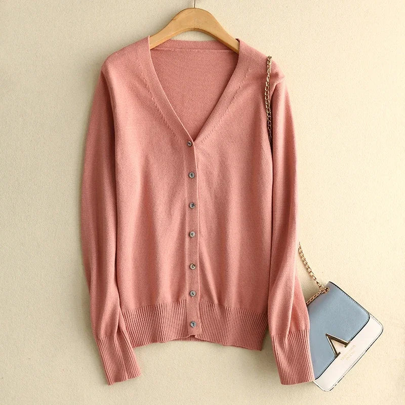 Spring Autumn Women Cardigans Single Breasted V-neck Solid Knitted Sweater Slim Female White Cardigans Casual Outerwear