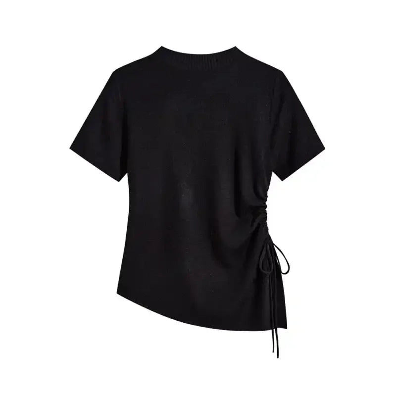 Women's Clothing Lace-Up T-shirt Summer New Slimming Knit Short Sleeve Casual Tees Lady Basic Fashion Waist-cinching O-neck Tops